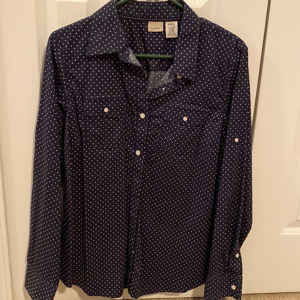 LL Bean Size L navy/white polka dot long sleeve button down shirt